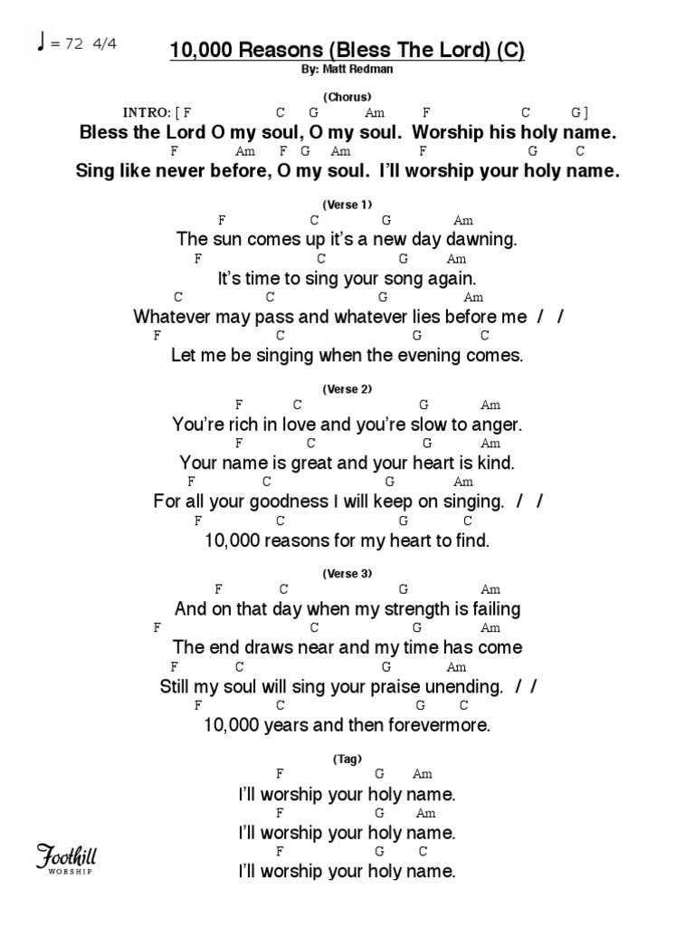 10000 Reasons Lyrics Printable