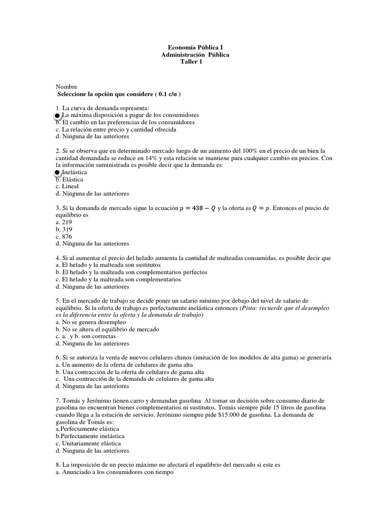 Taller de Economía Pública: Demanda y Oferta | PDF | Oferta y demanda ...