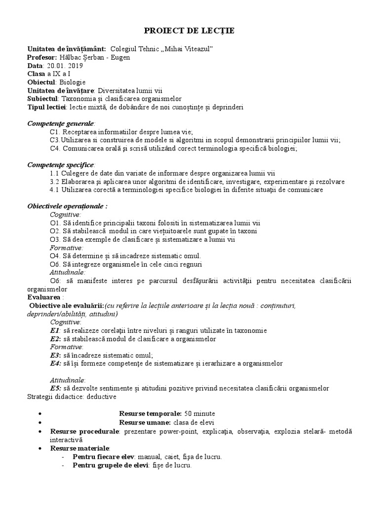 Plan De Lectie Taxonomie