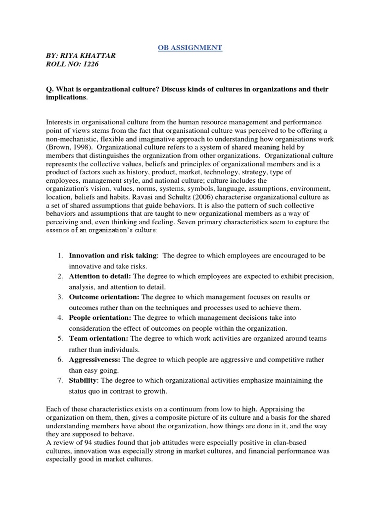 Ob Assignment | PDF | Organizational Culture | Leadership