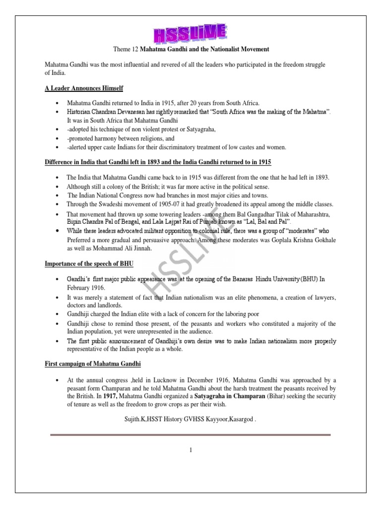 XII History Theme 12 Mahatma Gandhi and The Nationalist Movement | PDF ...