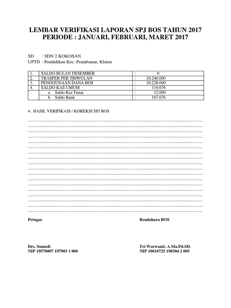 Lembar Verifikasi Laporan Spj Bos Tahun 2016