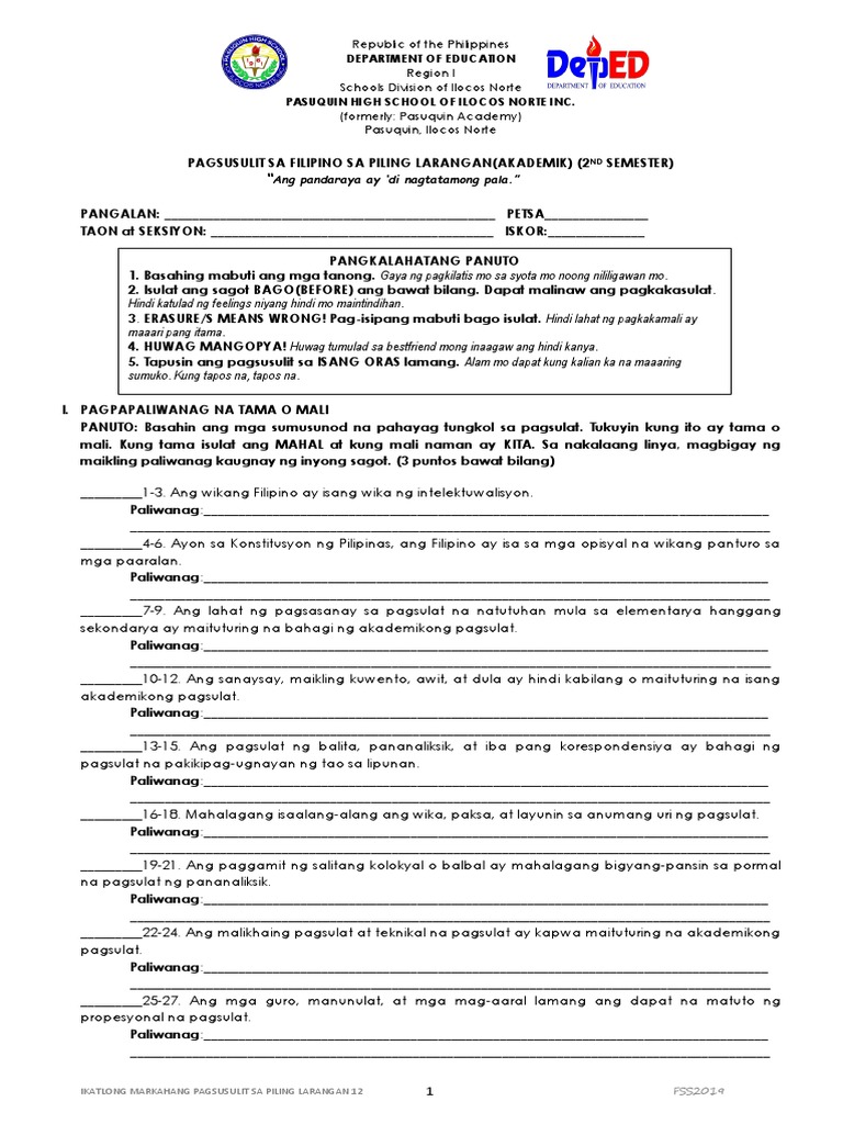 Pagsusulit Sa Grade 12 (Filipino Sa Piling Larangan) | PDF