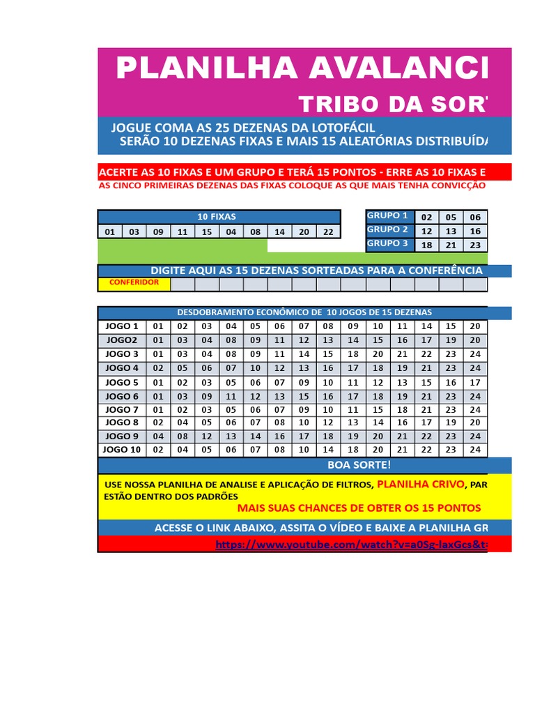 Planilha Lotofácil Grátis - 10 Fixas 