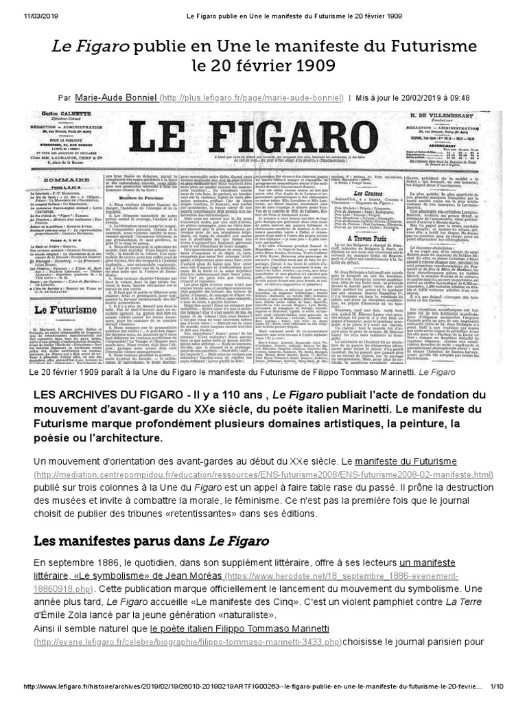 Le Figaro Publie en Une Le Manifeste Du Futurisme Le 20 Le Figaro Publie en Une Le Manifeste Du Futurisme Le 20