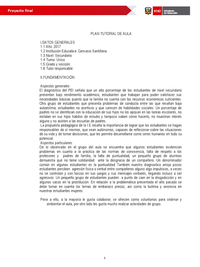 Plan Tutorial para Estudiantes Secundarios | PDF | Salón de clases ...