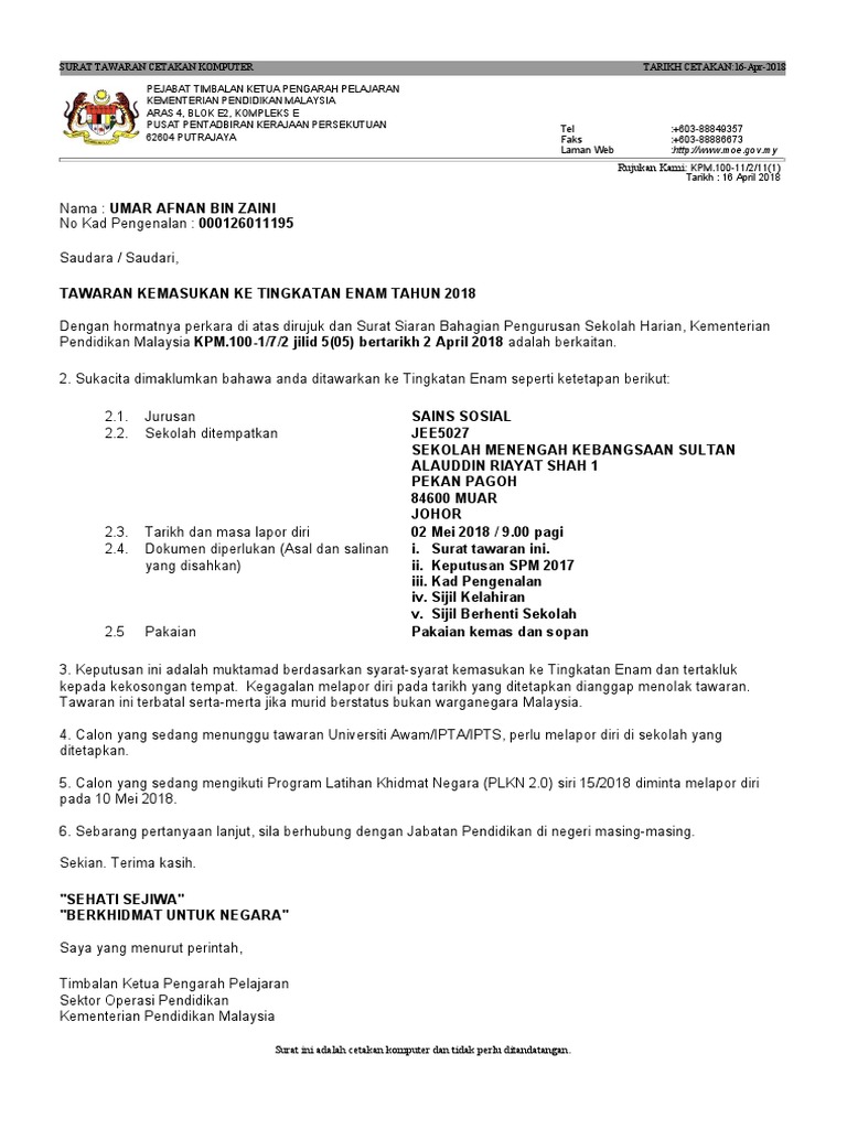 Surat Tawaran F6 Afnan Pdf