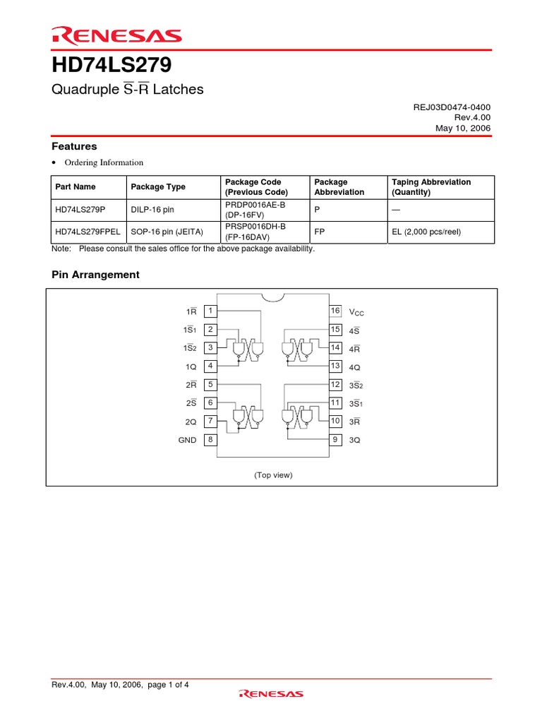HD74LS279: Quadruple S-R Latches | PDF | Electrical Engineering ...