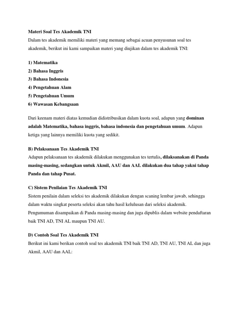 Materi Soal Tes Akademik Tni Docx