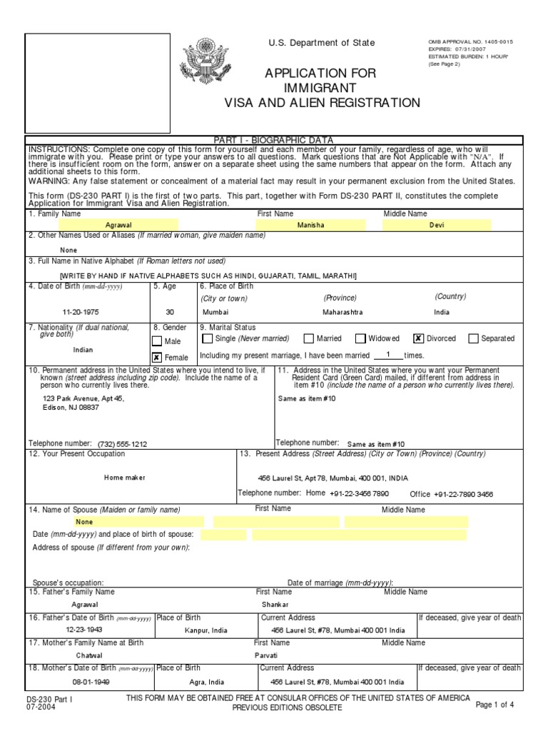 DS-230 Immigrant Visa Application Form | PDF | Social Security Number ...