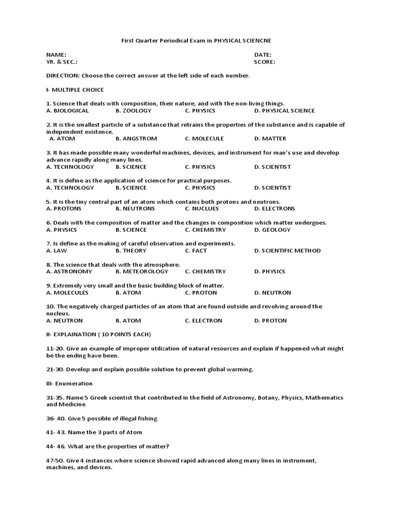 Grade 12 Physical Science 1st Quarter Exam | PDF | Matter | Neutron