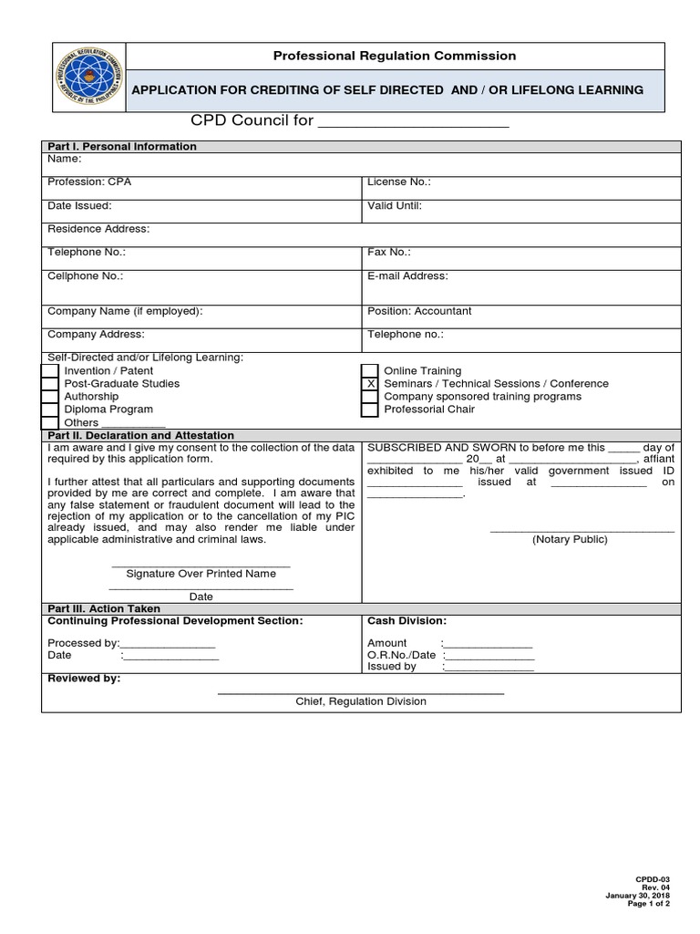 CPD Council For - : Application For Crediting of Self Directed and / or ...