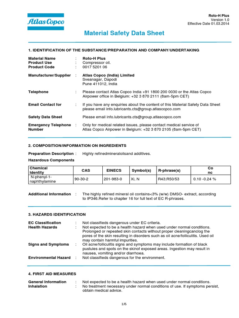 Roto-H Plus MSDS for Compressor Oil | PDF | Personal Protective ...