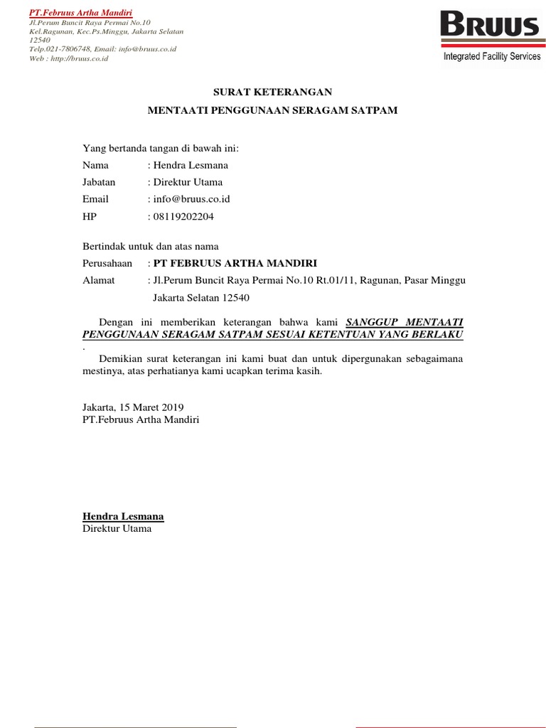 Surat Pernyataan Penggunaan Seragam Satpam Pdf