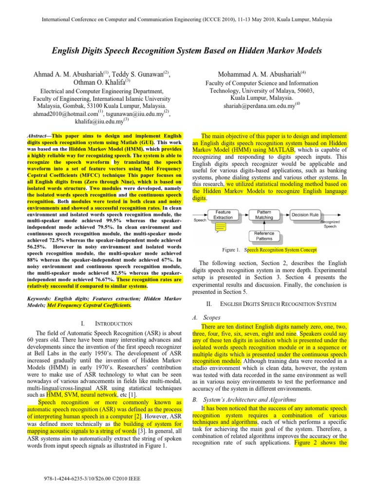 English Digits Speech Recognition System Based On Hidden Markov Models ...