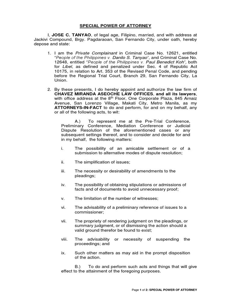 Jose Tanyao Spa Pp V D Tanyao Pdf Power Of Attorney Lawyer