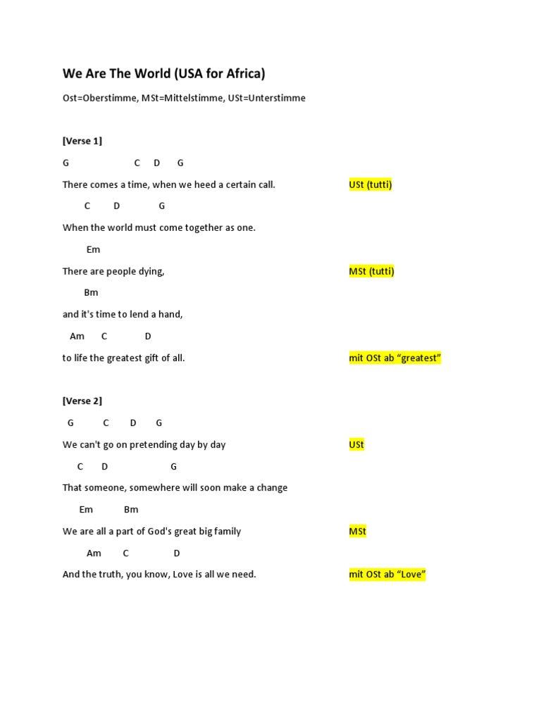 We Are The World Lyrics Chords Mit Anmerkungen Pdf