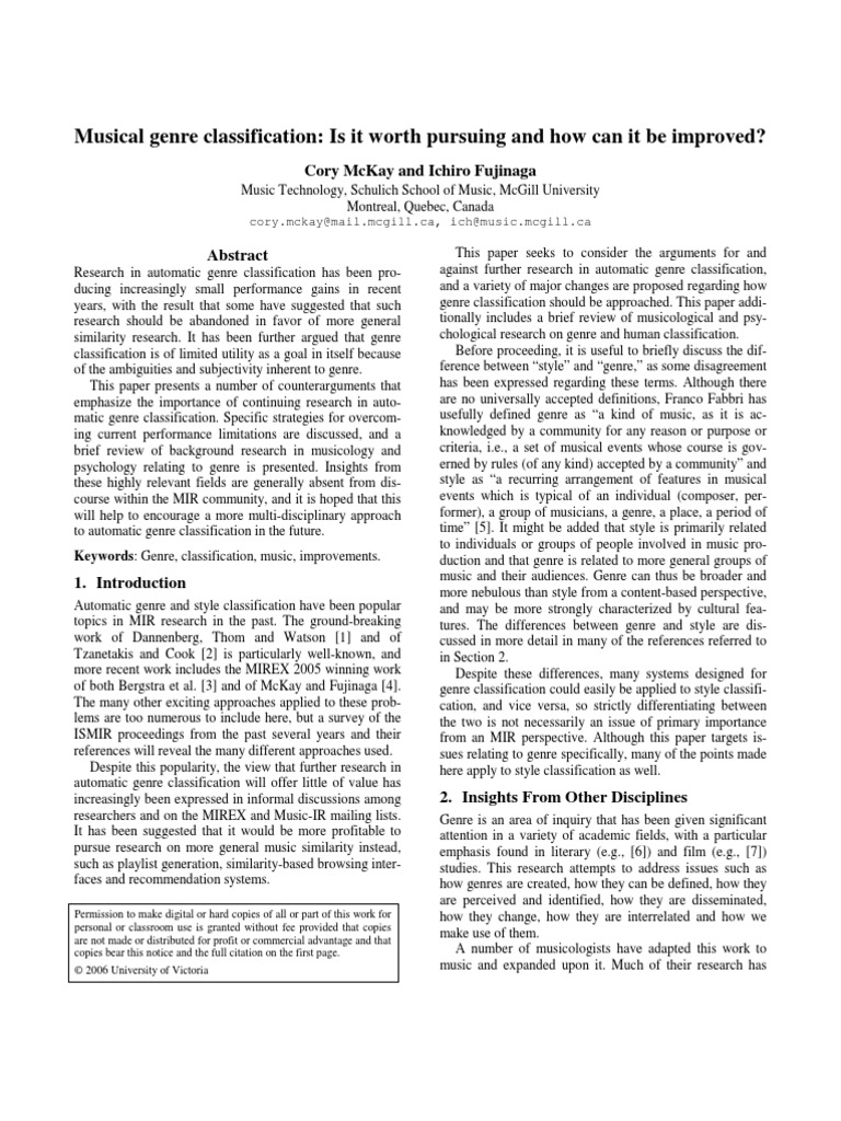 Musical Genre Classification Is It Worth Pursuing and How Can It Be Improved? PDF Genre Truth