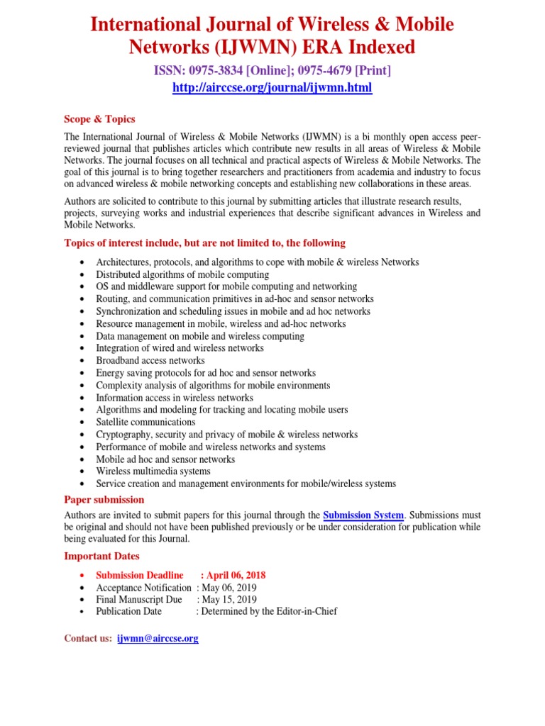 International Journal of Wireless Mobile Networks IJWMN ERA Indexed PDF Academic Journal