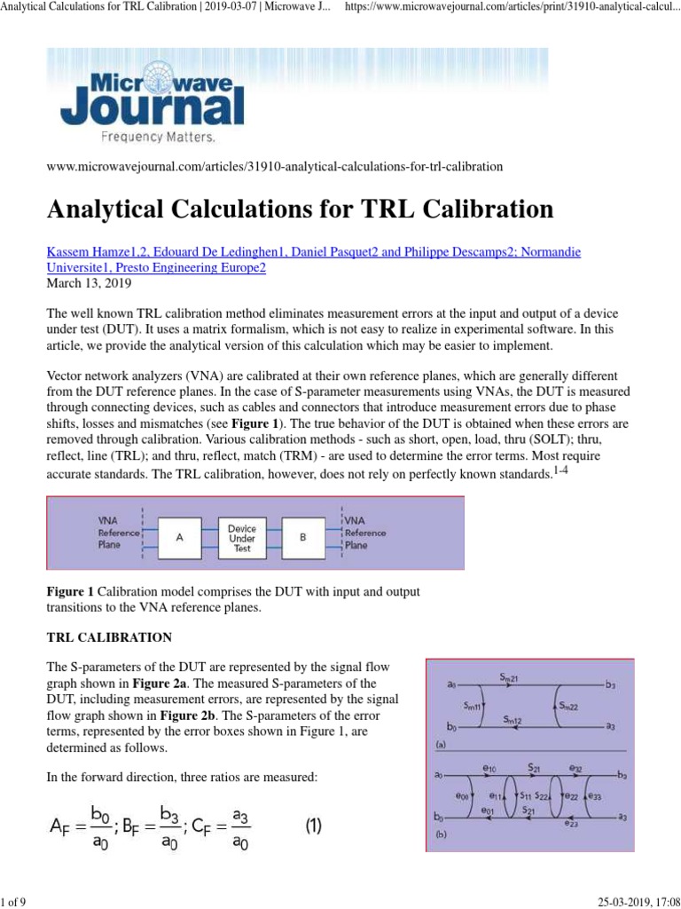 Analytical Calculations for TRL Calibration A Simplified Method for