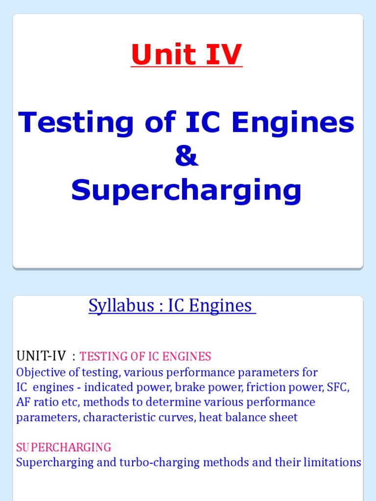 Unit IV Testing of IC Engines & Supercharging PDF Turbocharger