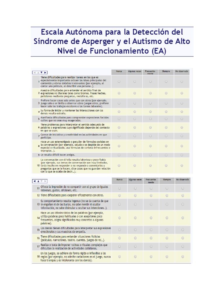 Escala para Detección de Asperger y Autismo | PDF | Síndrome de ...