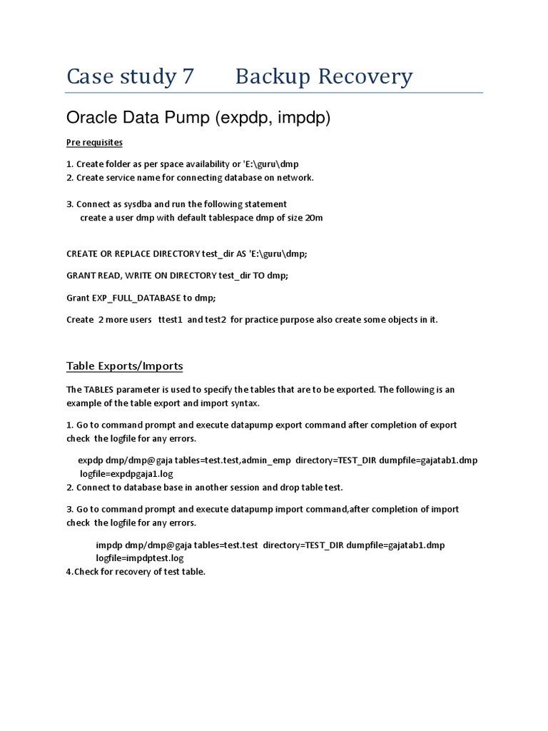 Data Pump Backup and Recovery Techniques | PDF | Backup | Command Line ...