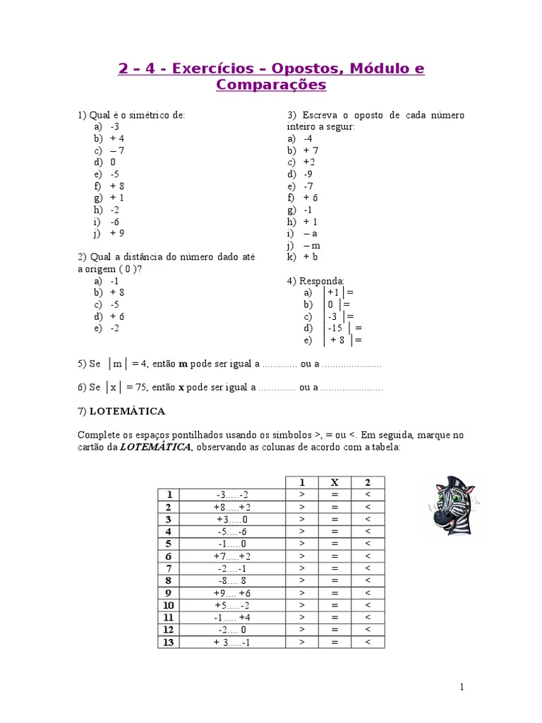 Exercícios de Módulo e Números Opostos | PDF | Número inteiro | Ensino ...