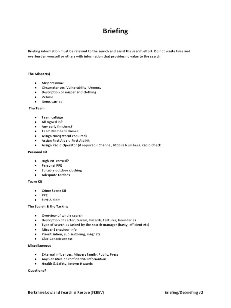 Search & Rescue Briefing Guide | PDF | First Aid | Personal Protective ...