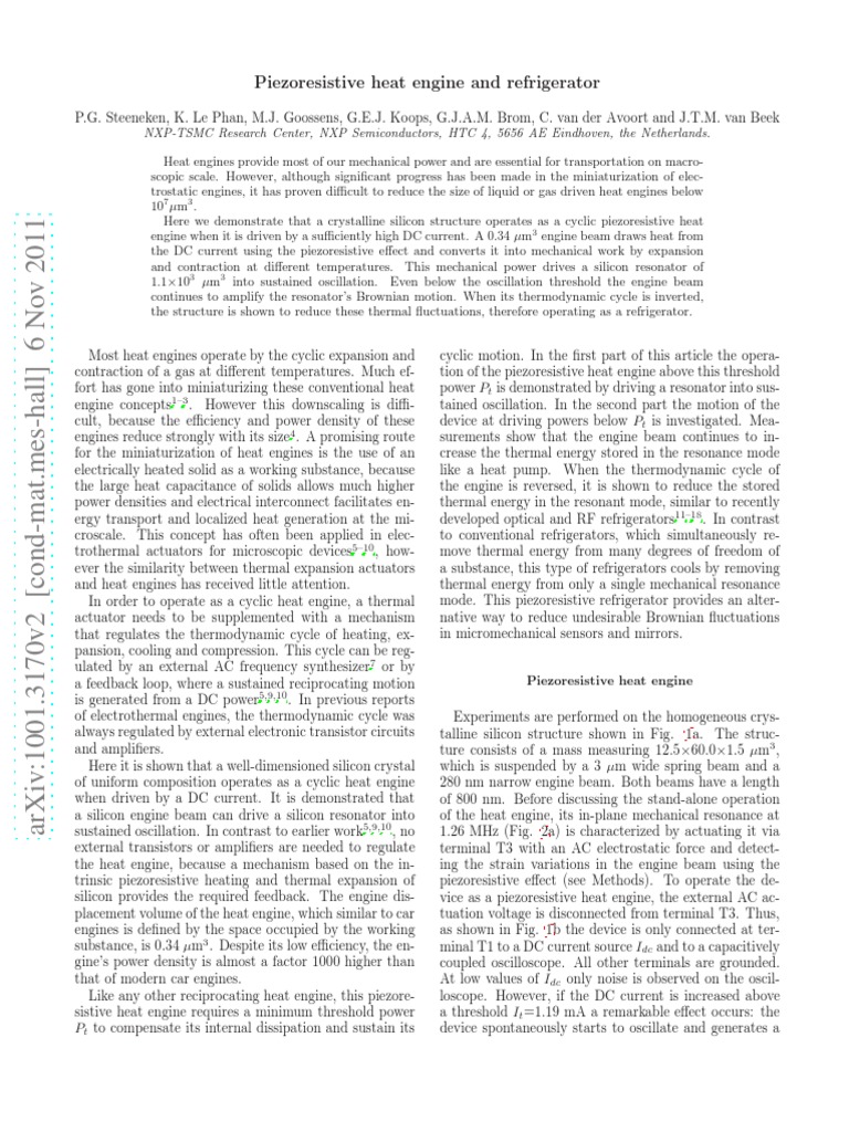 Piezoresistive Heat Engine And Refrigerator Heat Electrical Resistance And Conductance