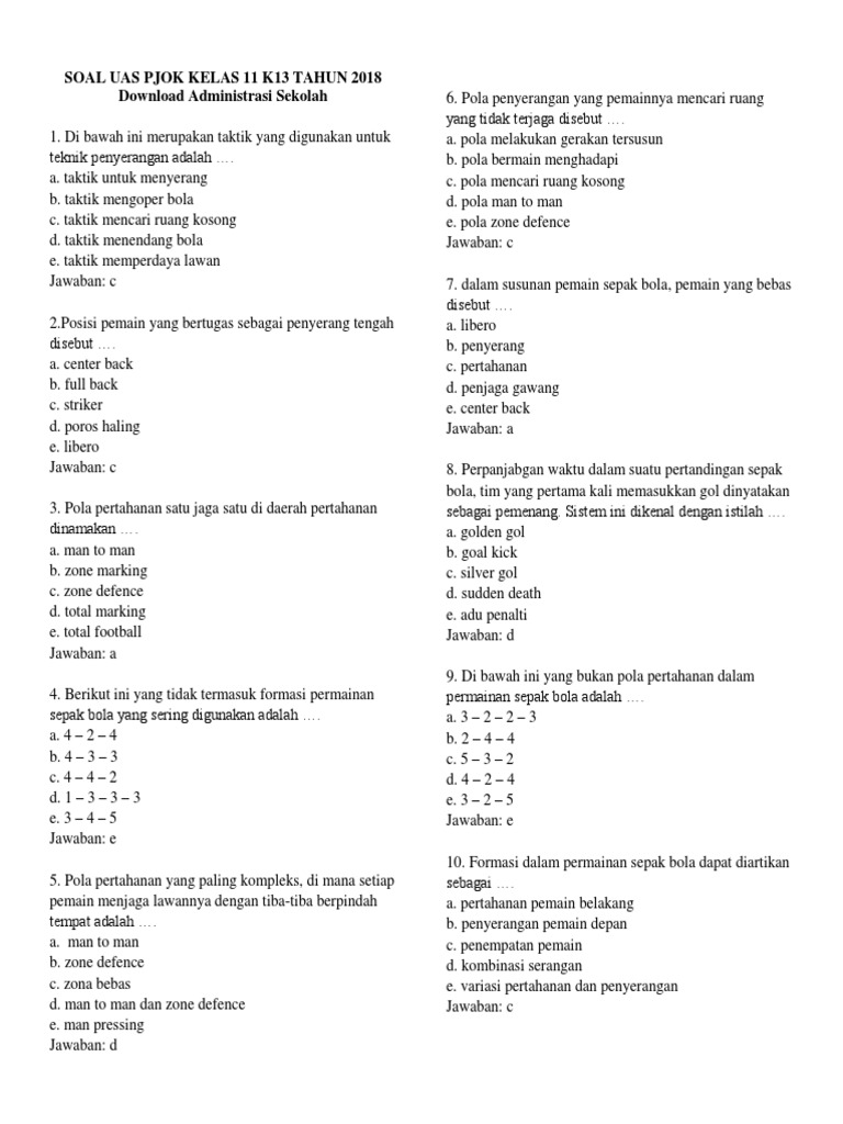 1 Soal Uas Pjok Kelas 11 Dicariguru Com Docx