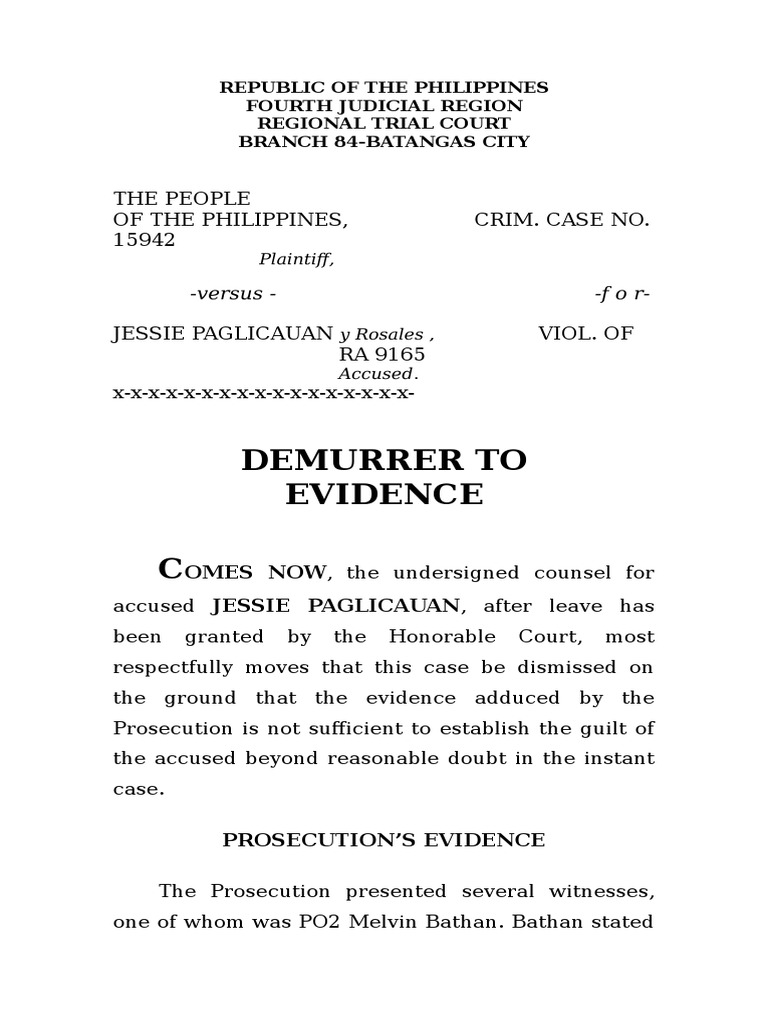 Demurrer to Evidence in Drug Case | PDF | Search Warrant | Search And ...