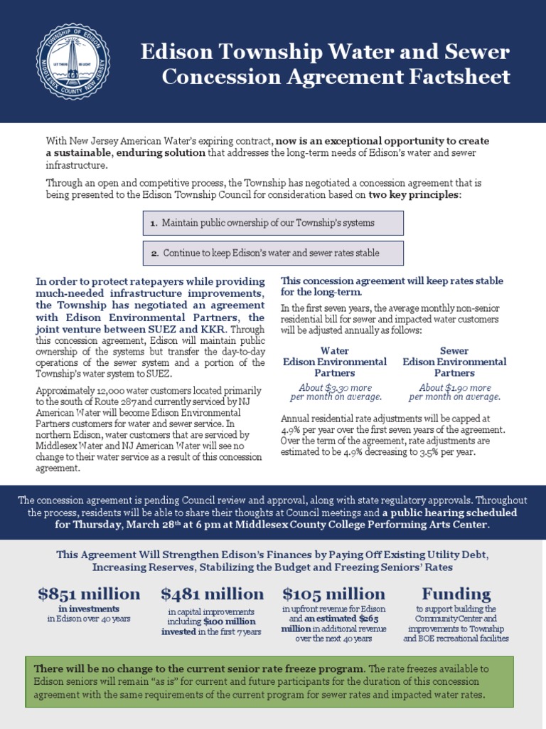 Edison Township Water and Sewer Concession Agreement Fact Sheet PDF New Jersey Infrastructure