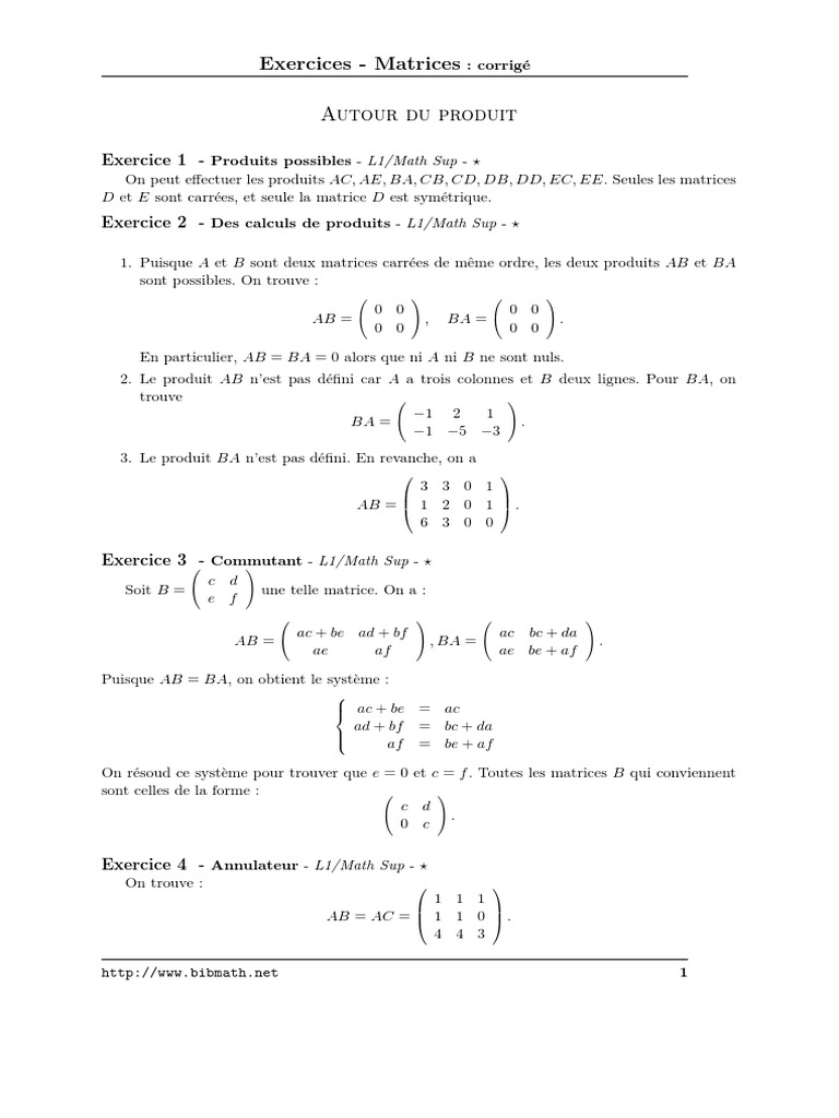 Exercices corrigés sur les matrices | PDF | Matrice (Mathématiques ...