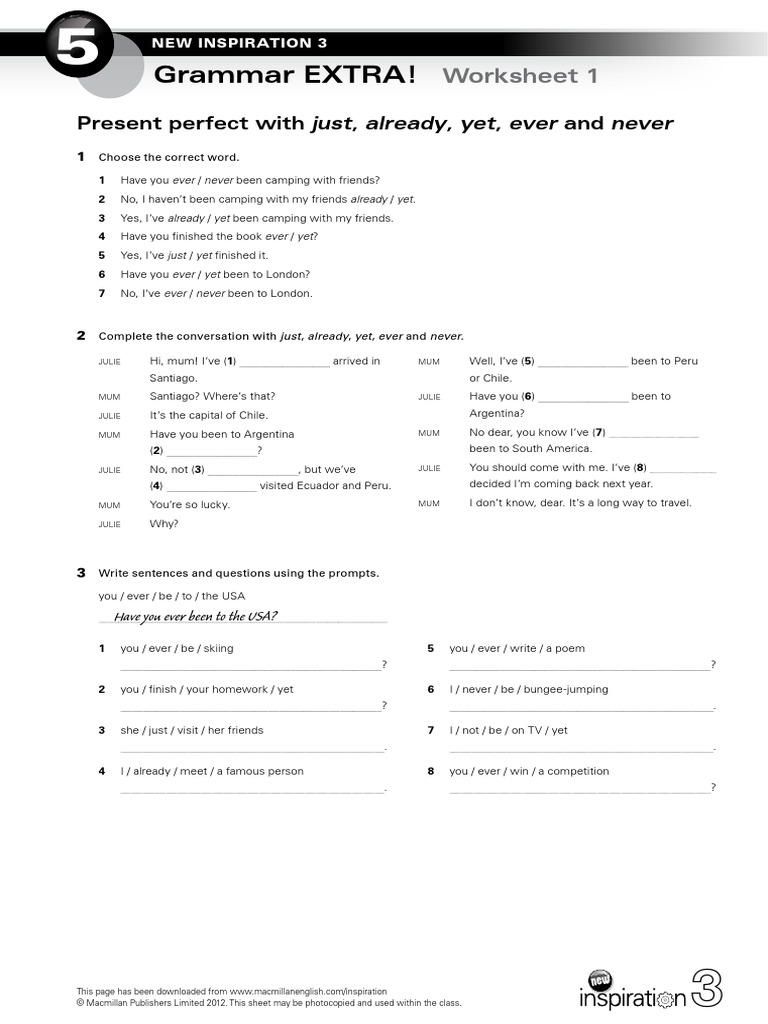 Grammar Extra Ni 3 Unit 5 Present Perfect With Just Already Yet Ever And Never Pdf Linguistics
