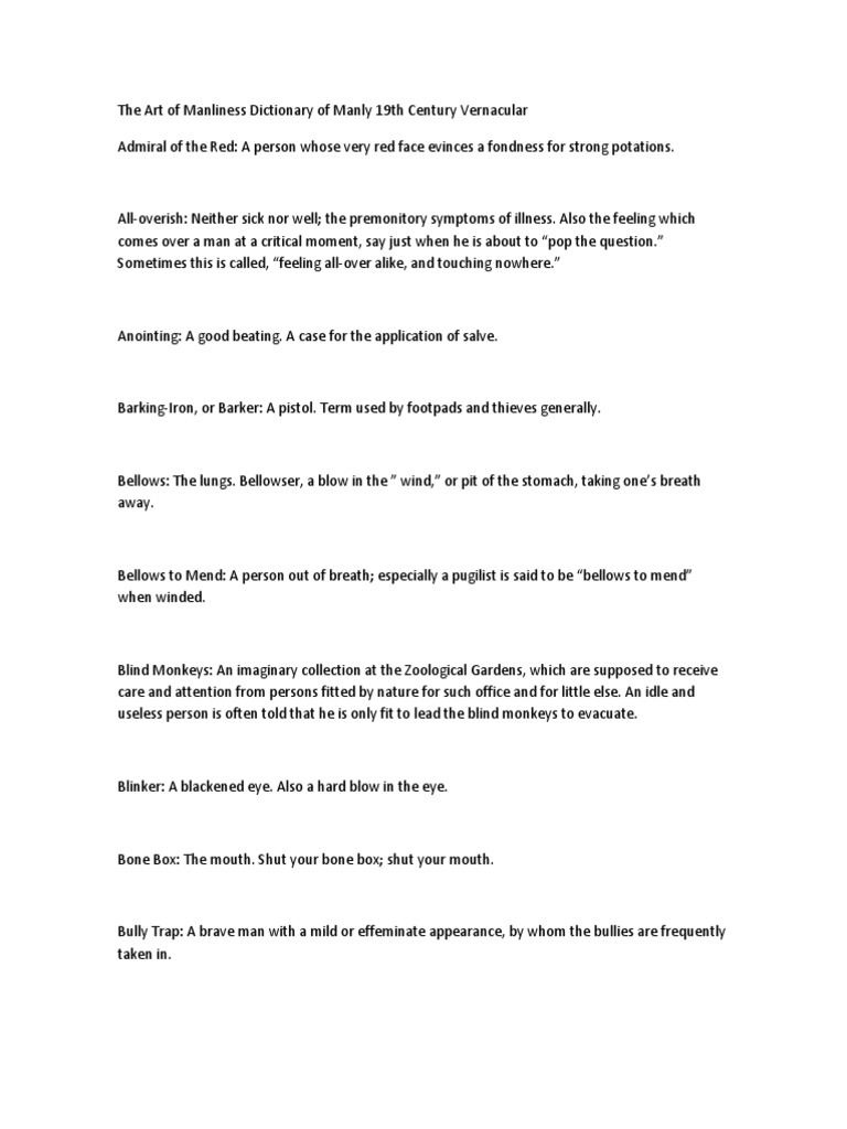 The Art of Manliness Dictionary of Manly 19th Century Vernacular | PDF ...