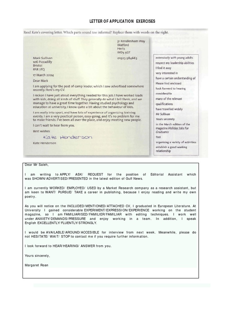 Application Letter Exercise Example | PDF