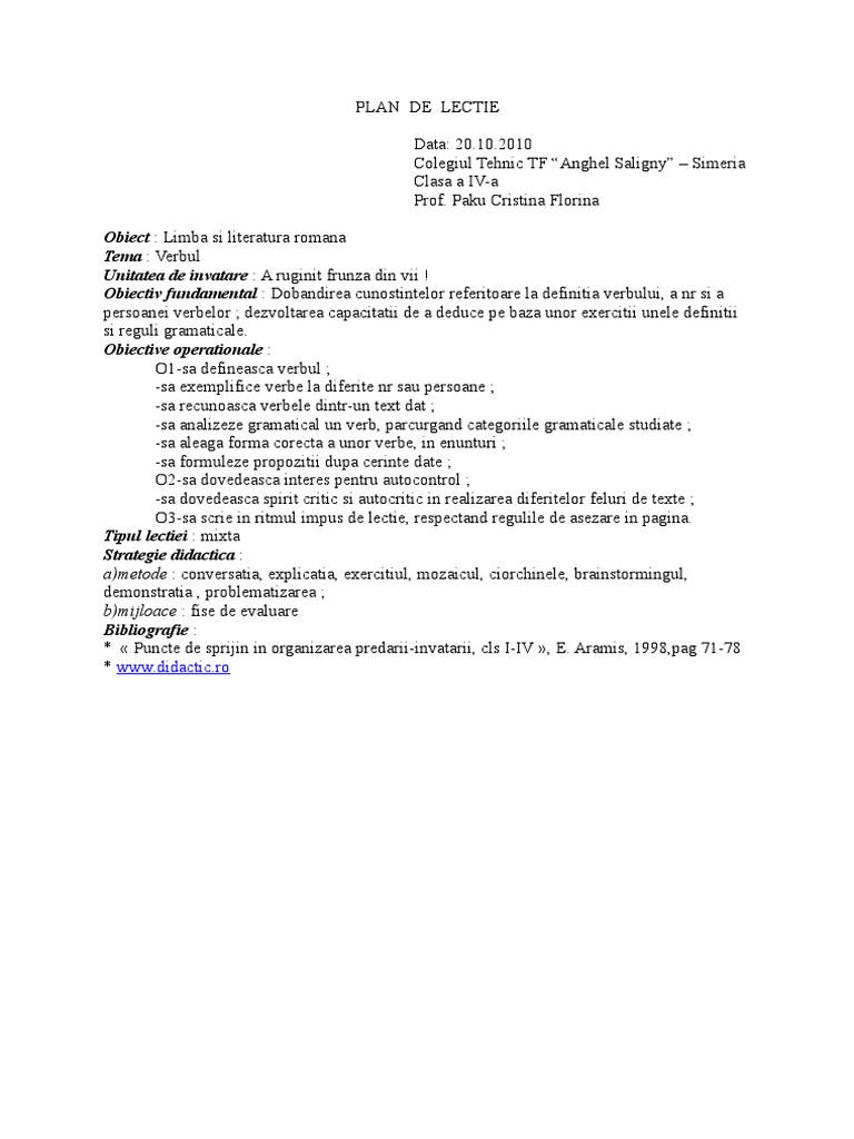 Verbul, Plan de Lectie | PDF