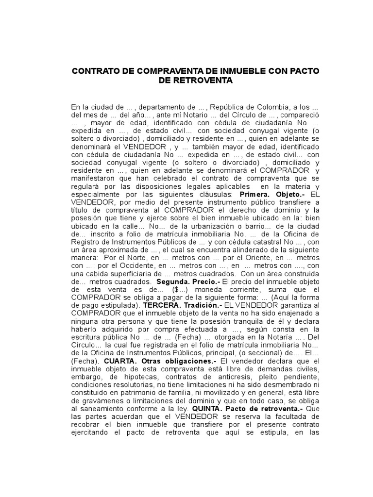 Contrato de Compraventa Inmueble Con Pacto Retroventa | PDF | Información  del gobierno | Derecho privado