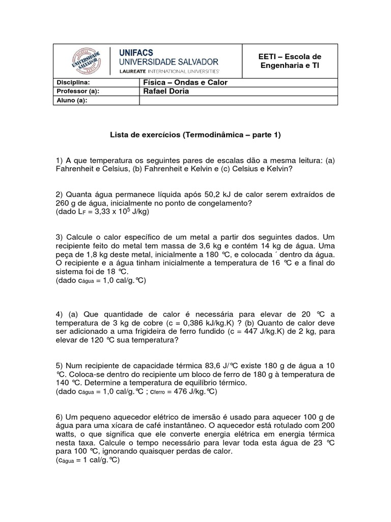 Exercícios de Termodinâmica e Calor | PDF | Calor | Capacidade térmica