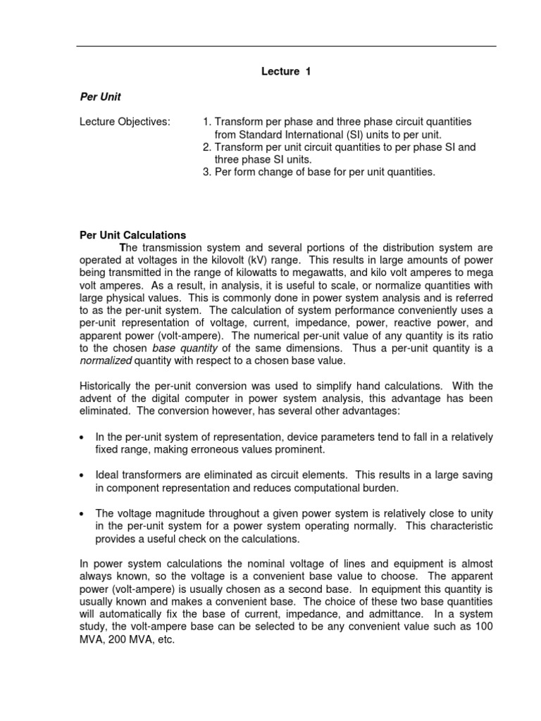 Per Unit System Calculations Guide | PDF | Transformer | Electrical ...