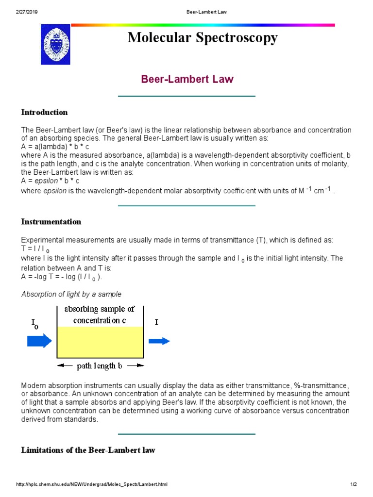 Beer Lambert Law PDF Absorbance Absorption