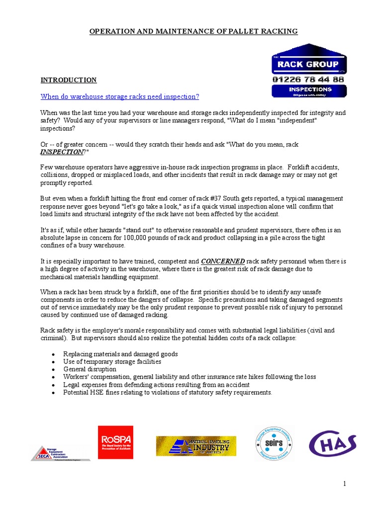 Operation and Maintenance of Pallet Racking | PDF | Pallet | Forklift