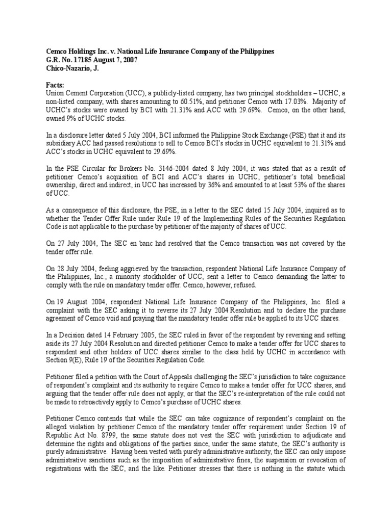 Cemco Holdings Inc v. National Life Insurance Jurisdiction of SEC