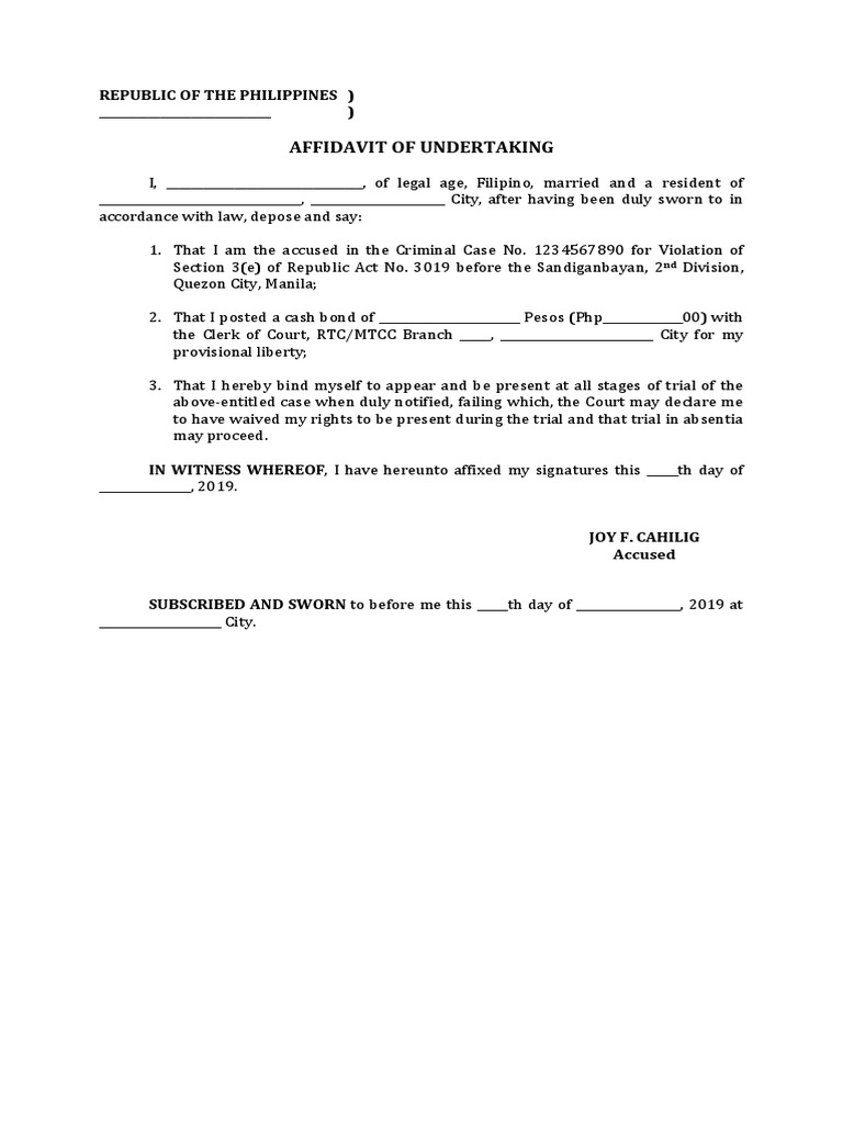 Affidavit of Undertaking for Court | PDF