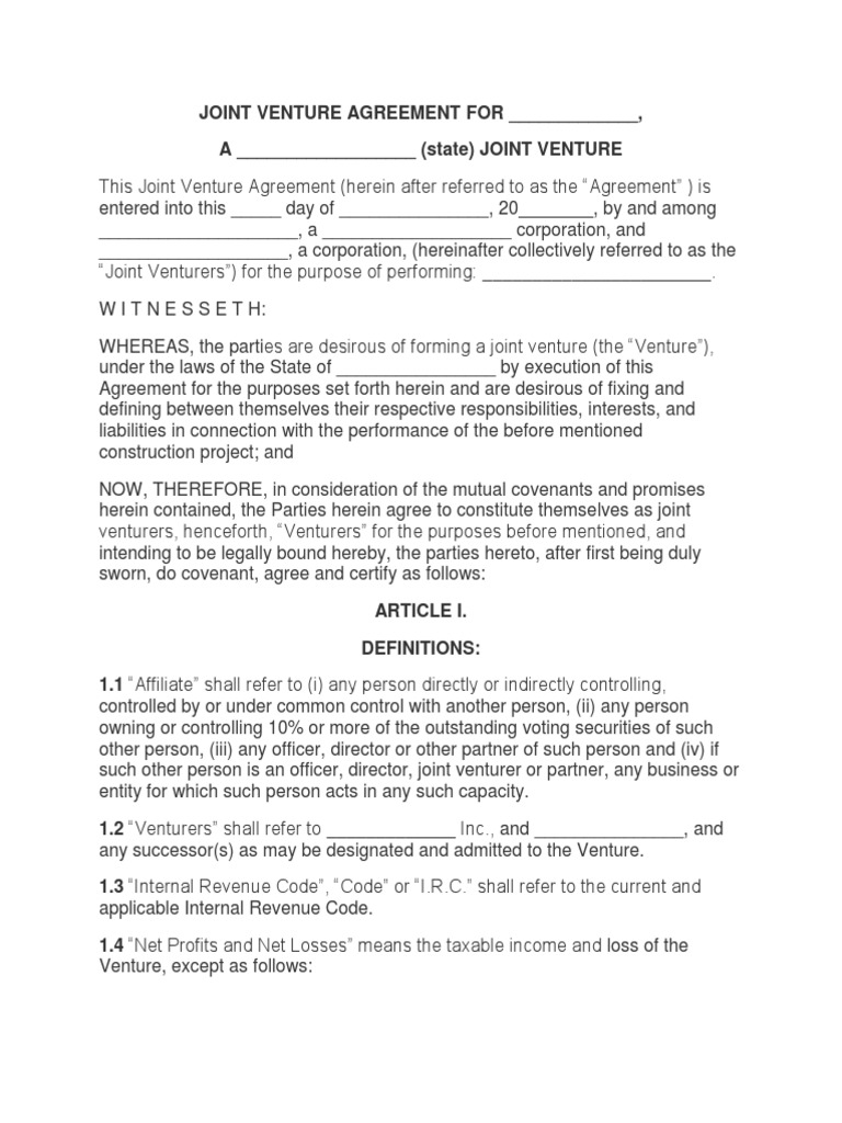 Joint Venture Agreement Template | PDF | Indemnity | Partnership