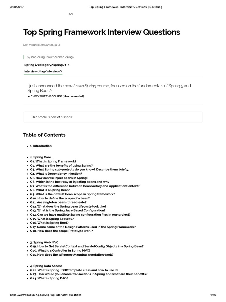 Top Spring Framework Interview Questions - Baeldung | PDF | Spring ...