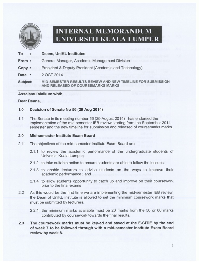 Memo Deadline For Submission of Coursework | PDF