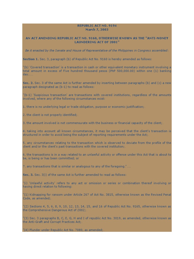 Republic Act No. 9194 An Act Amending Republic Act No. 9160 Otherwise ...