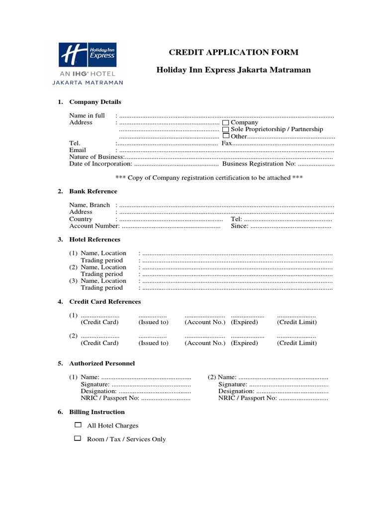 Credit Application Form Holiday Inn Express Jakarta Matraman | PDF ...